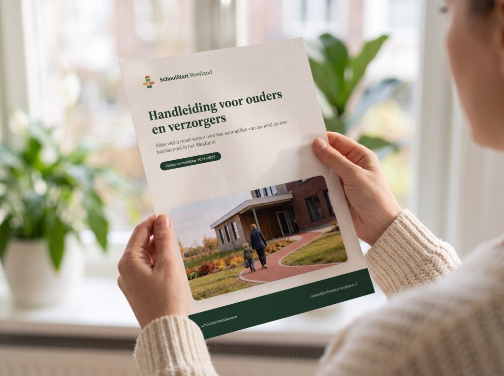 De voorkant van de handleiding voor ouders, vastgehouden in twee handen